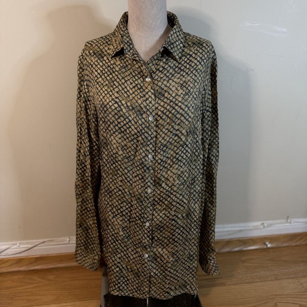 J.McLaughlin Silk Viscose Geometric Button-Front Collared Blouse Blue Beige L